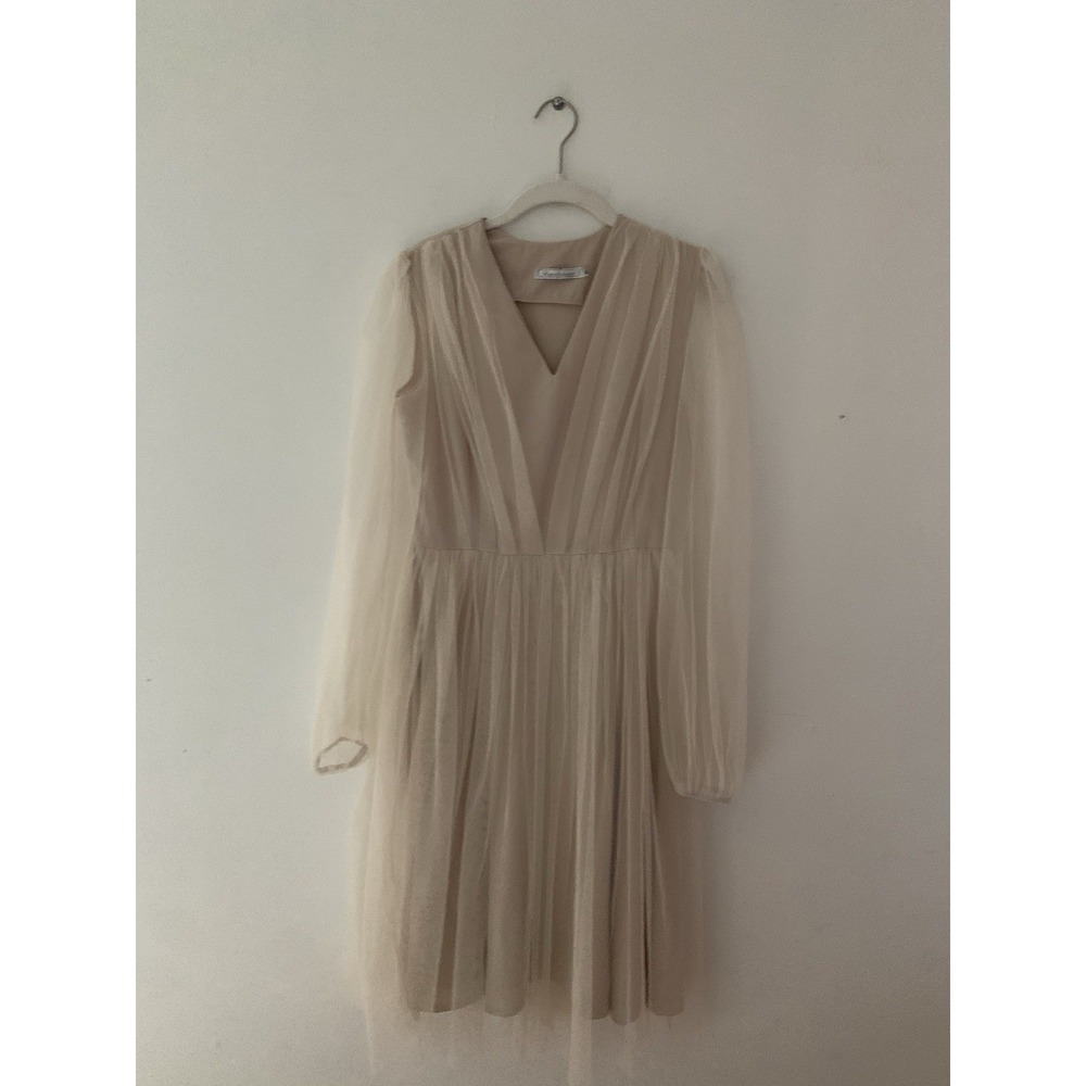 VTG Blue Dress Sz 44 Tulle Overlay Balletcore Wedding Sheer Sleeves Formal